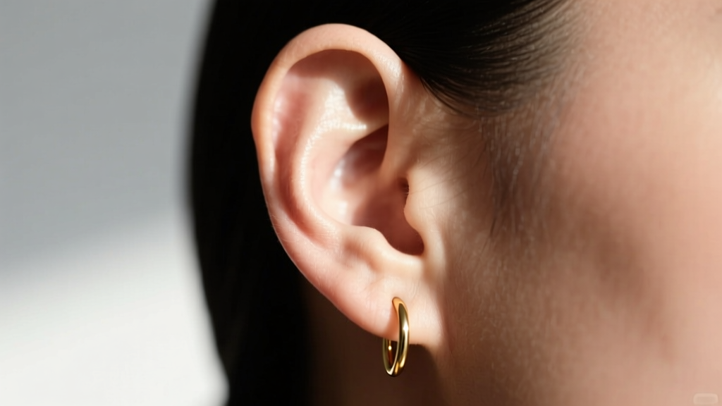 Side profile of an ear highlighting the anti tragus cartilage wearing a delicate 5mm gold clicker hoop in natural sunlight.