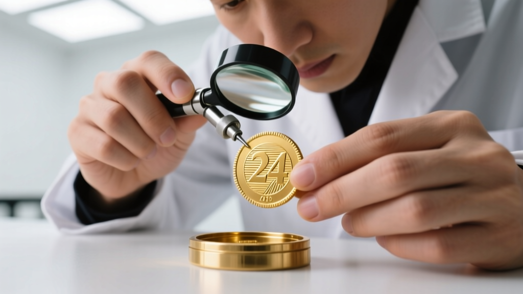 Close-up of a jeweler using a loupe to inspect the reeded edge of a 24k gold coin before carefully placing it into a bezel frame.