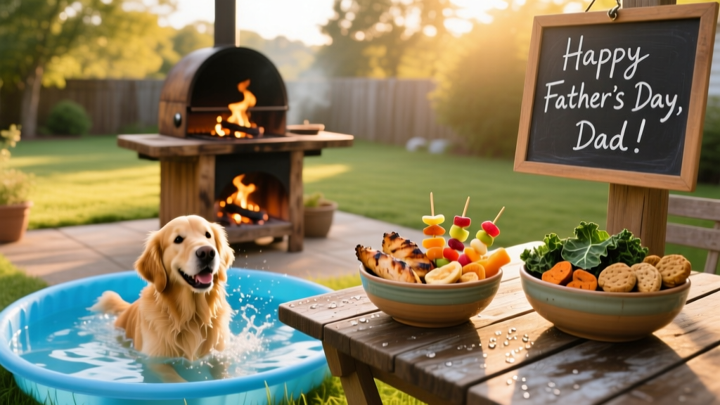 A backyard scene with a lit grill, a small kiddie pool filled with water for a dog, and two bowls—one with human food, one with dog-safe treats