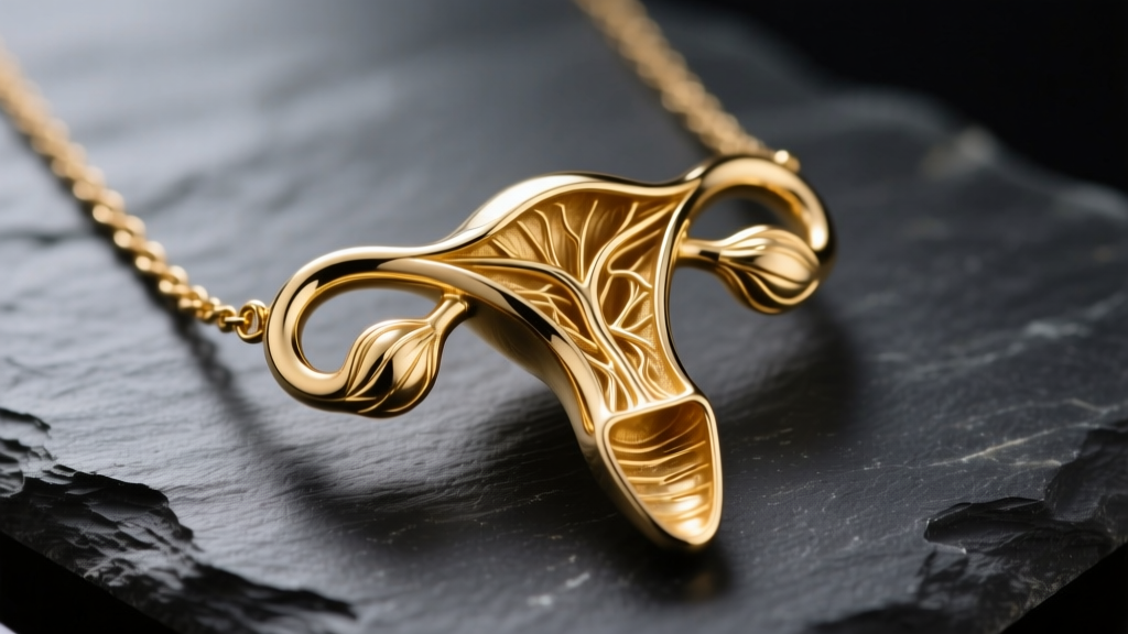 Close-up of a polished 14k solid gold uterus necklace on dark slate, highlighting intricate anatomical details under soft lighting