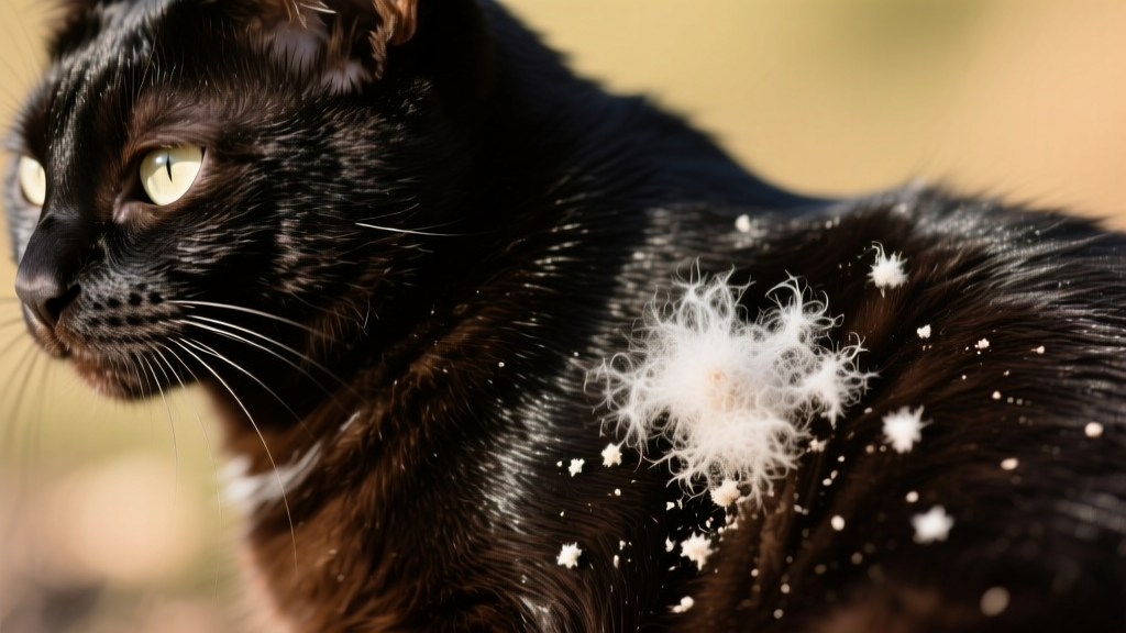 Close-up of a healthy cat’s glossy coat next to a section showing visible white dandruff flakes