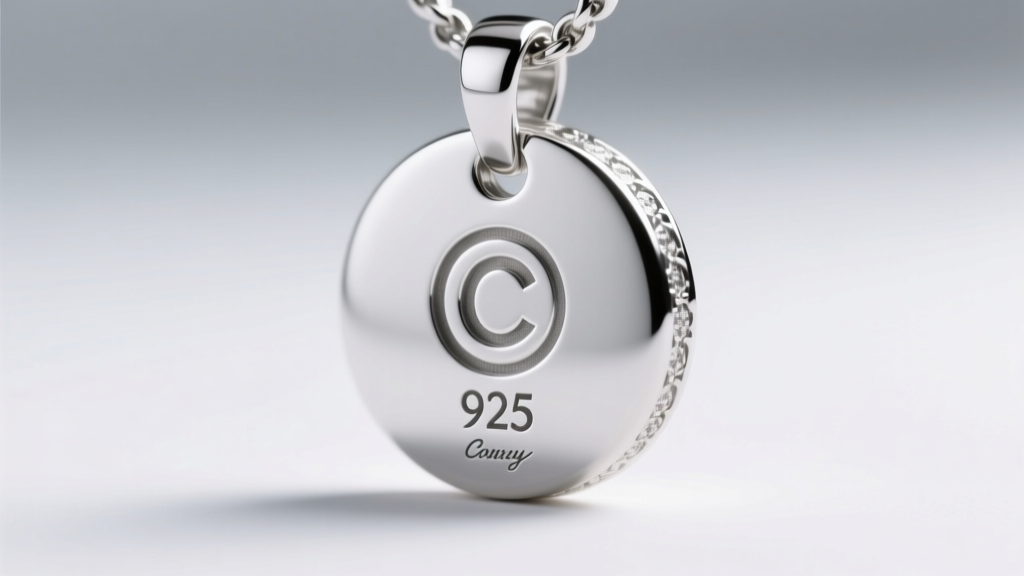 Macro shot of a silver pendant back showing the laser-engraved copyright symbol, 925 hallmark, and brand signature in soft light.