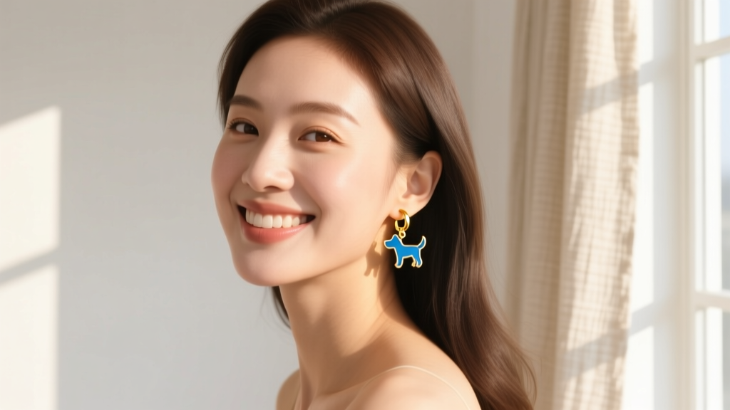 Smiling young adult wearing subtle gold-plated hoop earrings with tiny Bluey dog silhouette charms in warm natural sunlight
