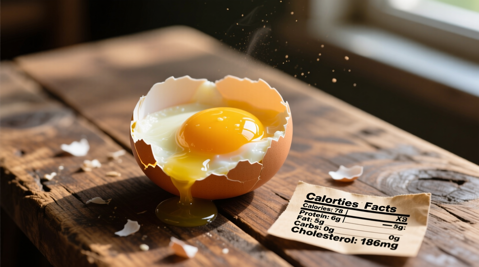 Nutrition facts of cooked eggs on wooden table