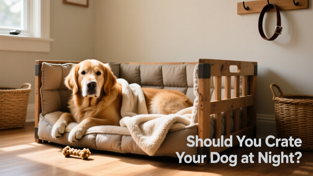 A relaxed dog resting comfortably inside a well-padded crate with a soft blanket and chew toy nearby