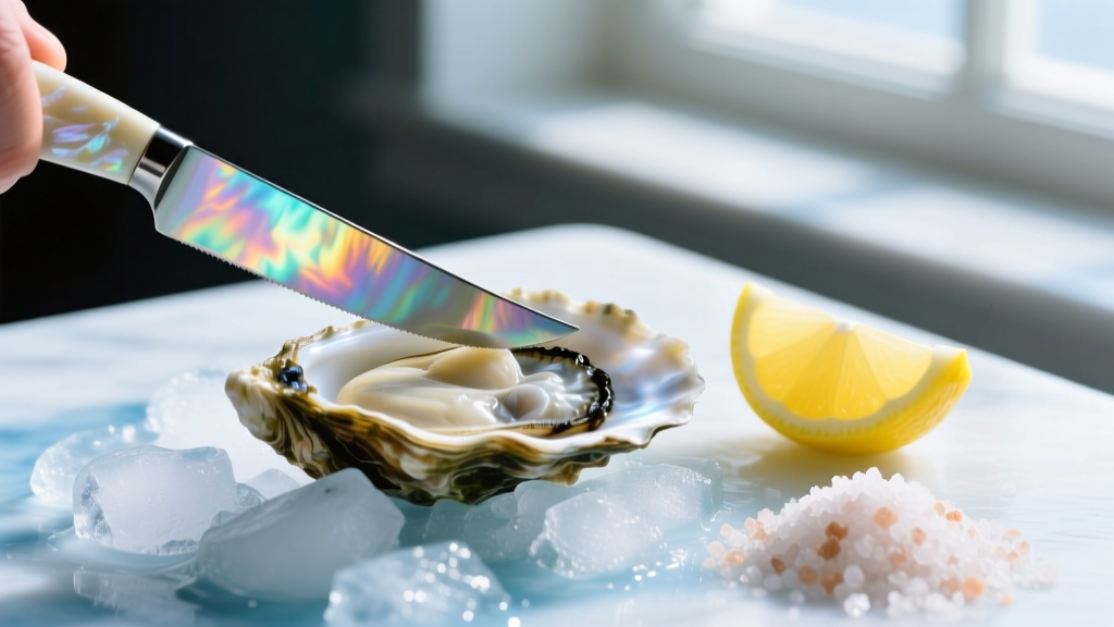 R. Murphy mother-of-pearl oyster knife shucking fresh bivalves on a bed of crushed ice with a lemon wedge and coarse salt