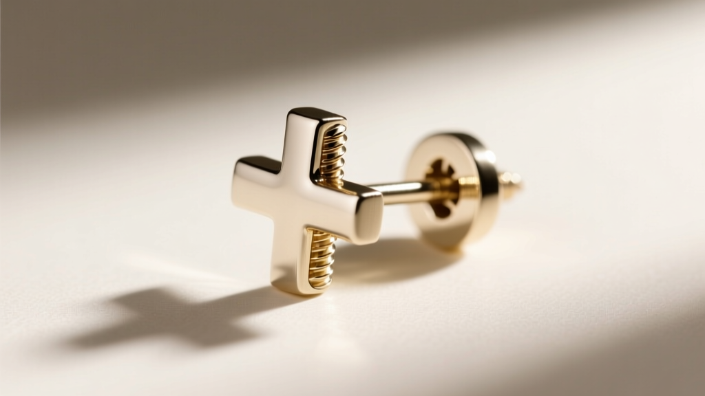 Macro shot of a 20-gauge screw-back cross earring in white gold, highlighting the threaded post and secure locking mechanism.