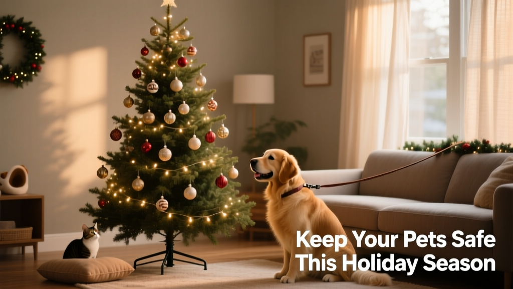 A decorated Christmas tree with securely anchored base, out-of-reach ornaments, and battery-powered lights