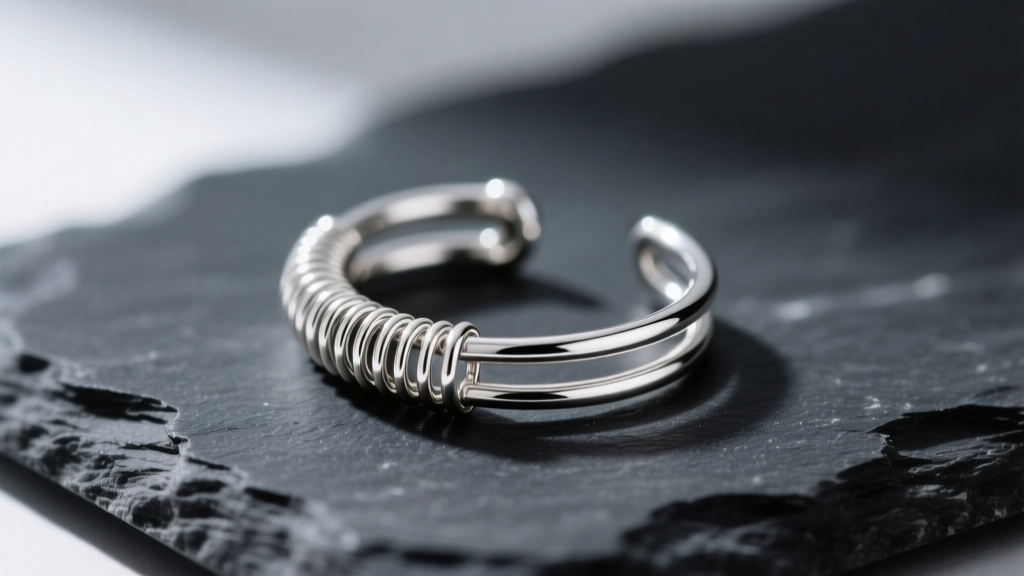 Macro photography of a 1.2mm wire gauge sterling silver ear cuff with a tension spring mechanism, resting on a dark slate surface.