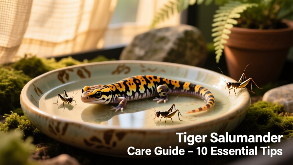 Tiger salamander soaking in a shallow ceramic water dish beside a cluster of crickets