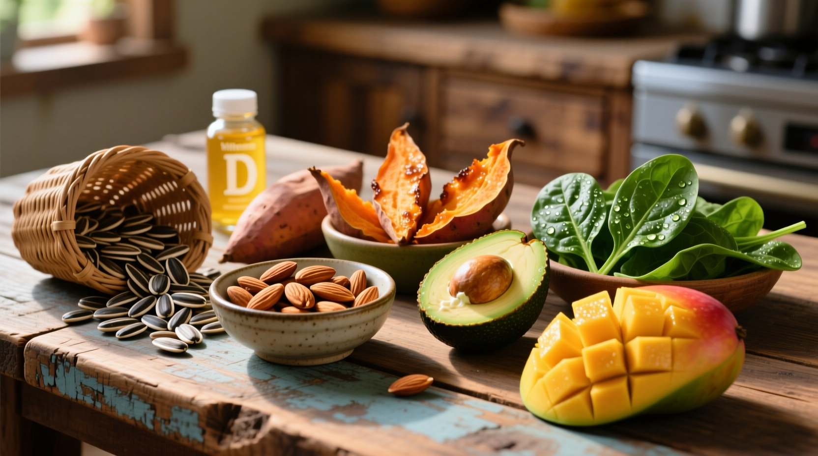 Colorful assortment of vitamin E rich foods on wooden table