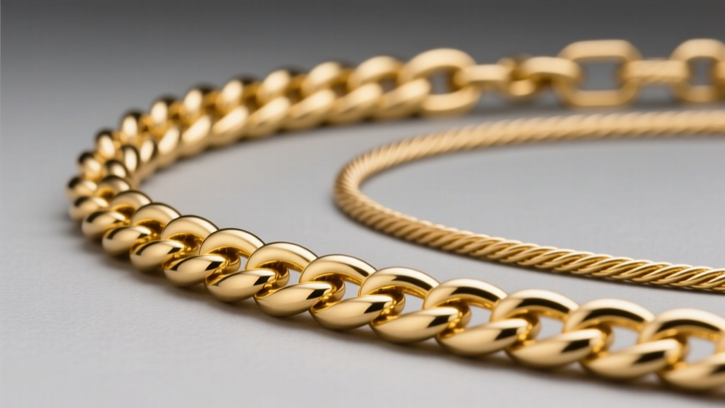 Close-up comparison of a 14k yellow gold wheat chain and a delicate cable chain, highlighting the woven link structure of the wheat chain against a neutral grey backdrop