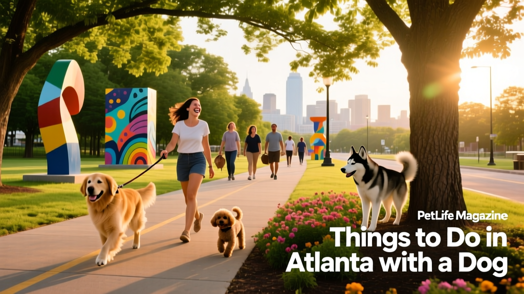 The Atlanta BeltLine trail with trees, public art, and people walking dogs