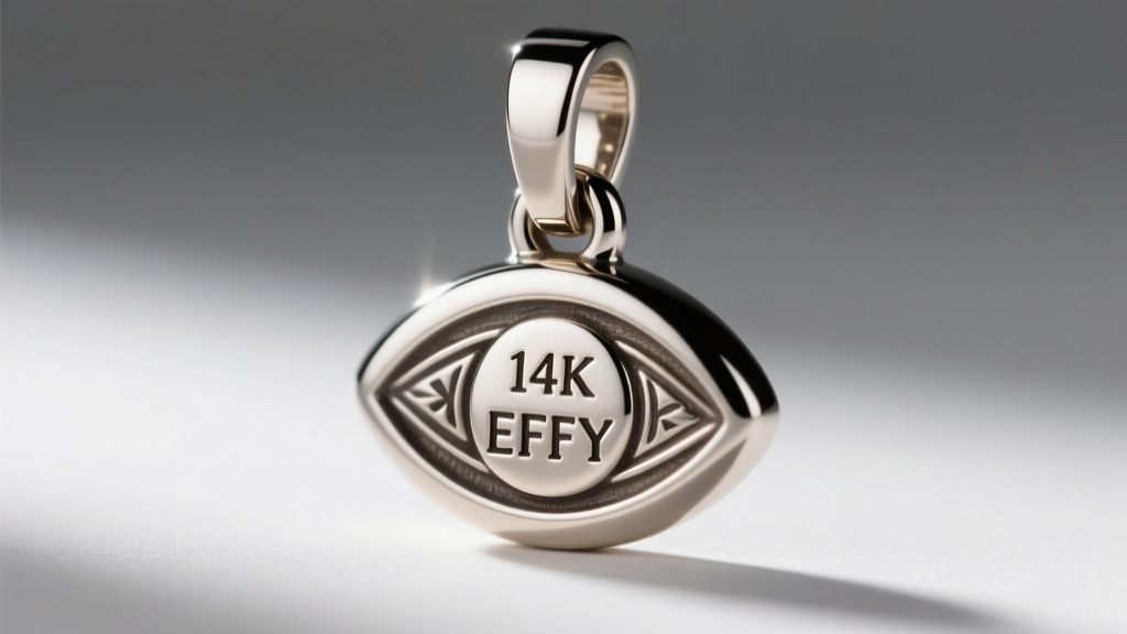 Extreme close-up of the back of an evil eye pendant bail showing the stamped 14K and EFFY hallmarks under a jeweler's loupe.