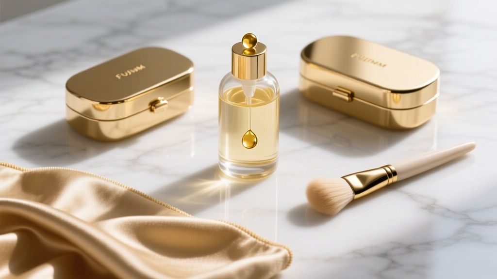Flat lay of a gold jewelry care kit featuring a microfiber cloth, liquid cleaner, and soft brush on a white marble surface.