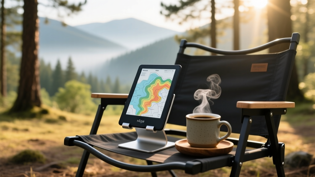 A Kindle e-reader displaying a topographic map, propped on a lightweight aluminum stand on a folding camp chair beside a steaming mug of coffee.