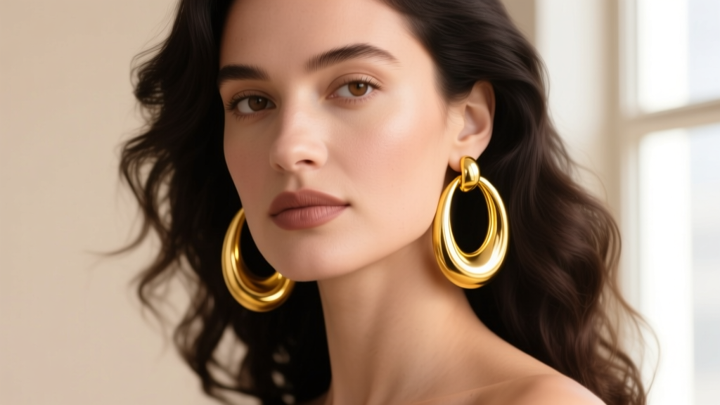 Woman wearing large 18k yellow gold hoop earrings, soft lighting highlighting the rich metallic luster and smooth polished finish