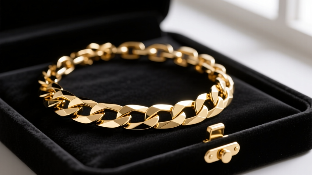 Close-up of an 18k gold chino link necklace on dark velvet, showing flat interlocking diamond-cut links and a secure box clasp.