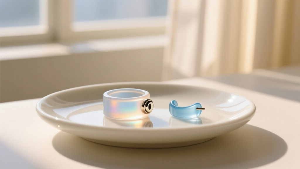 Translucent PTFE ear cuff and bioplast retainer displayed on a minimalist white ceramic dish with soft, diffused natural light.