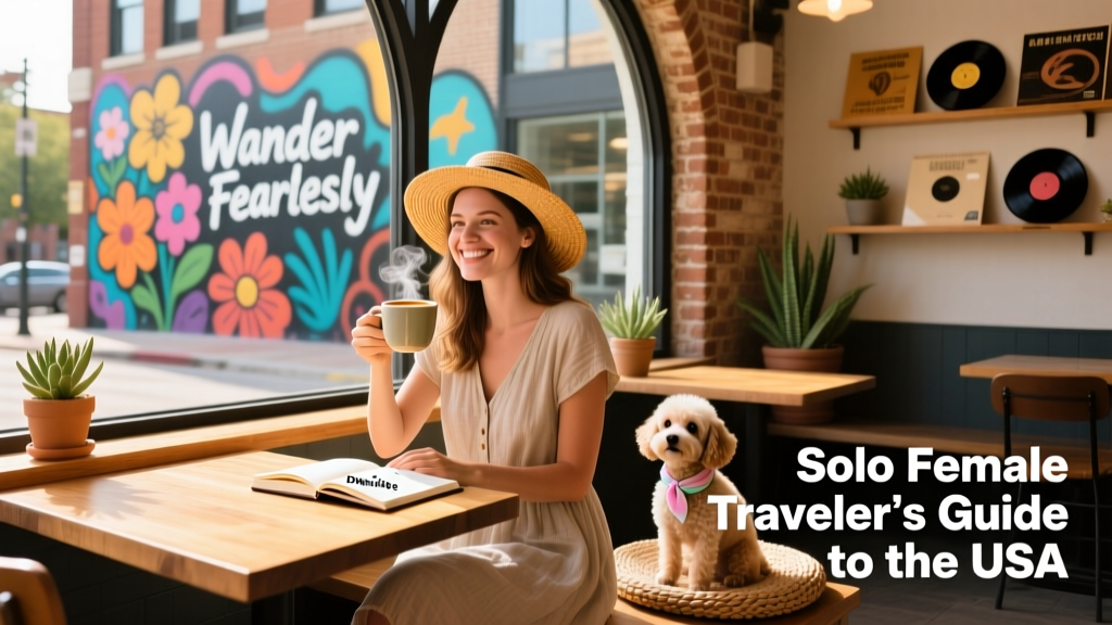 A solo female traveler enjoying breakfast at a sunlit café in downtown Austin, Texas, with colorful street art visible through the window