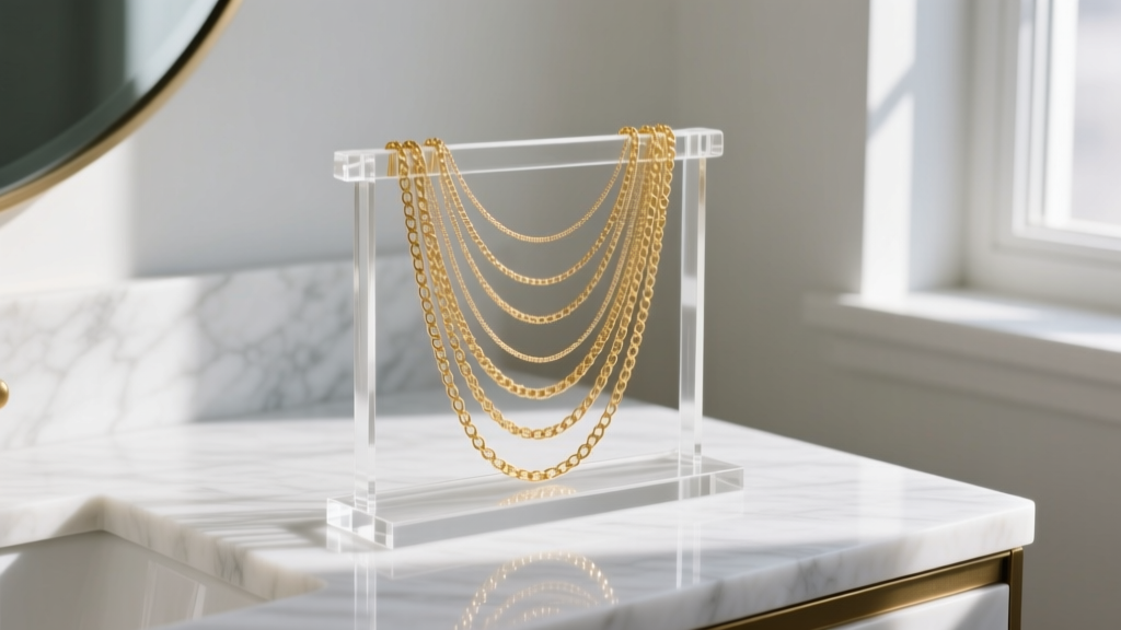 Minimalist clear acrylic freestanding jewelry necklace holder on a white marble vanity, organizing delicate layered gold chains neatly.