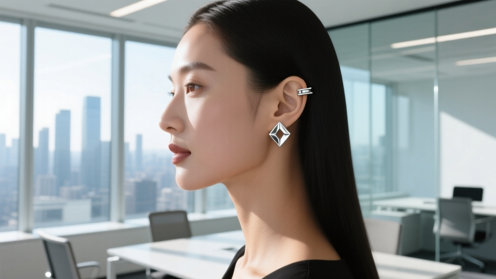 Side profile of a woman wearing a minimalist sterling silver ear cuff on her upper cartilage in a bright modern corporate office