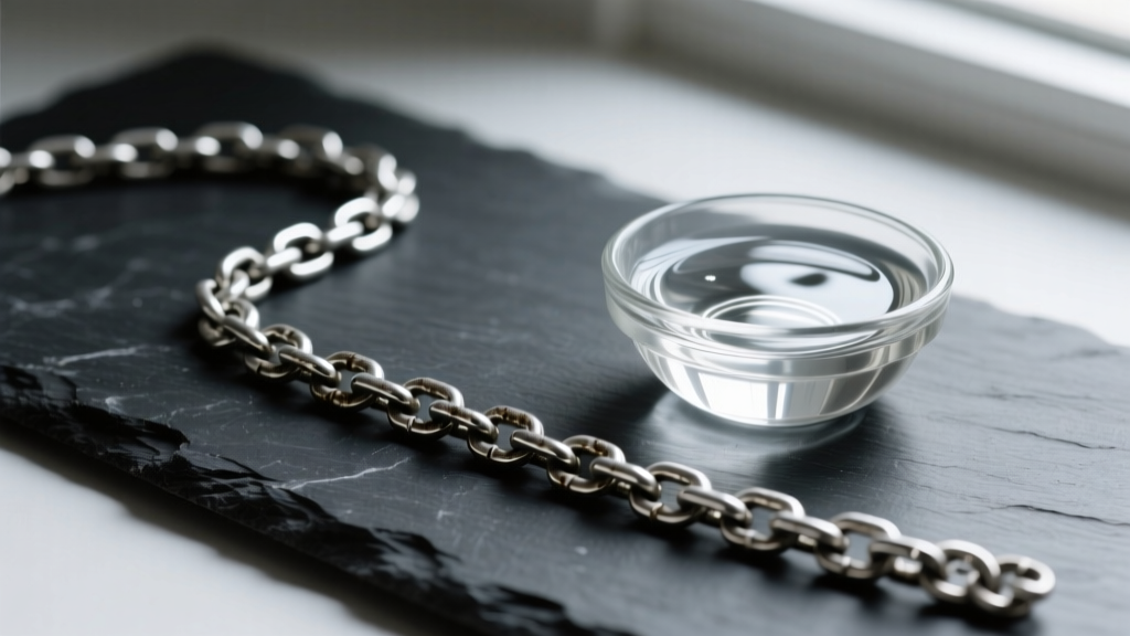 Tarnished 925 sterling silver chain on dark slate beside a small glass bowl filled with a clear liquid silver cleaning solution.