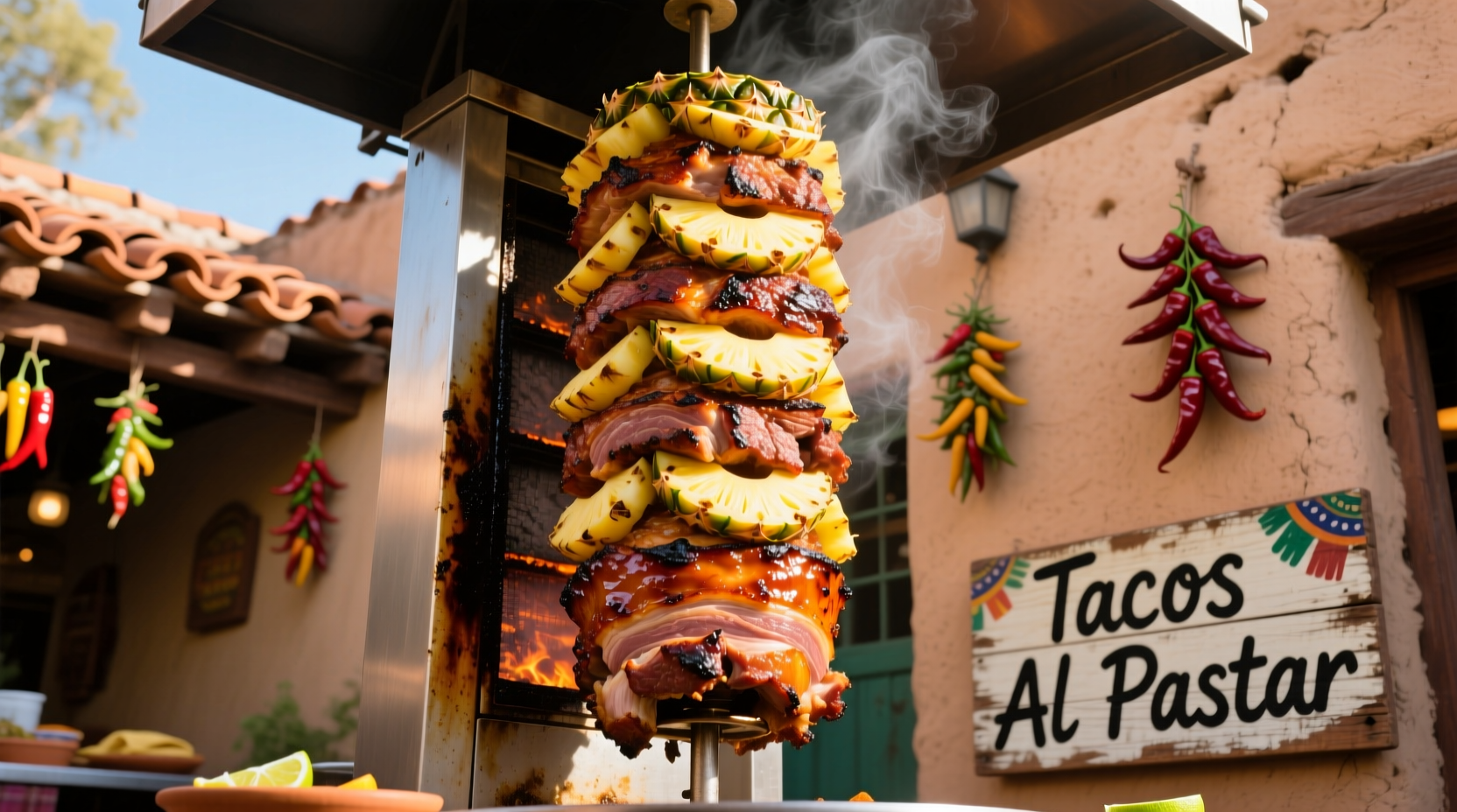 Vertical spit with marinated pork and pineapple for tacos al pastor