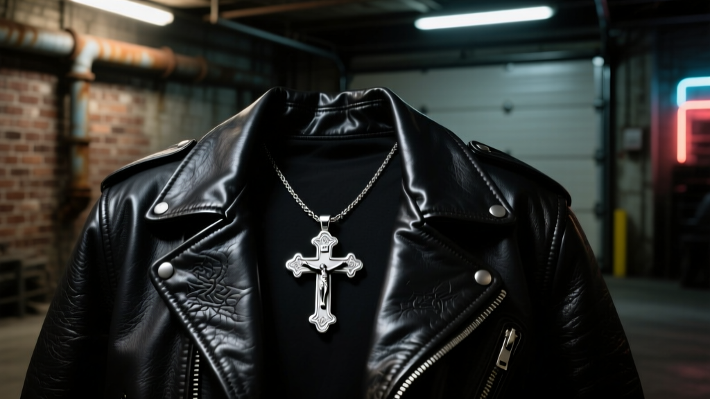 Heavy sterling silver cross pendant resting on a dark leather jacket, illuminated by cinematic moody garage lighting, sharp focus.