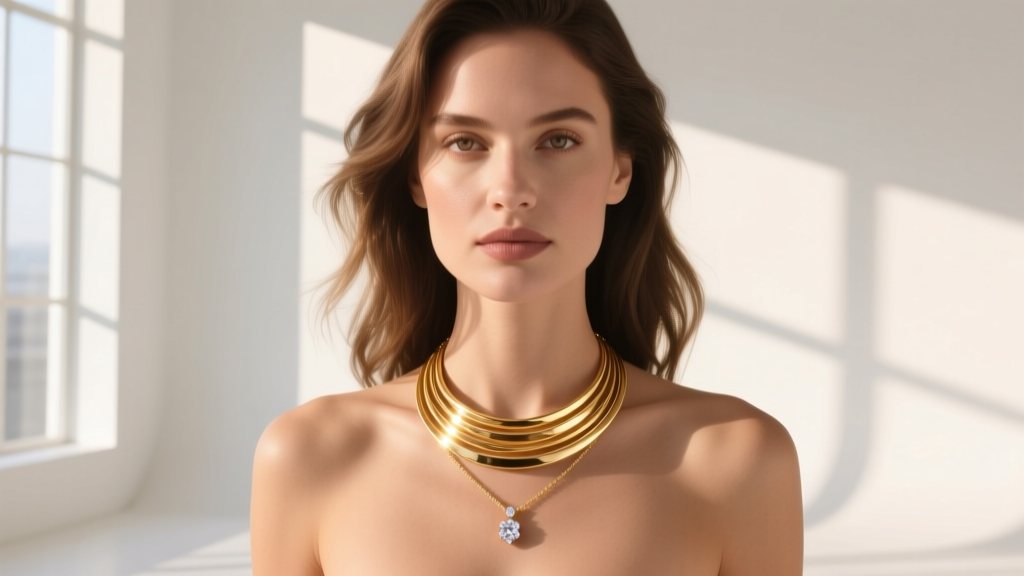 Woman wearing a layered solid gold Lauren Rubinski necklace with a diamond pendant, catching sunlight to show warm metal luster
