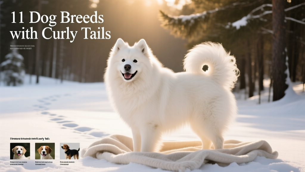 A smiling Samoyed standing in snow, tail curled elegantly over its back