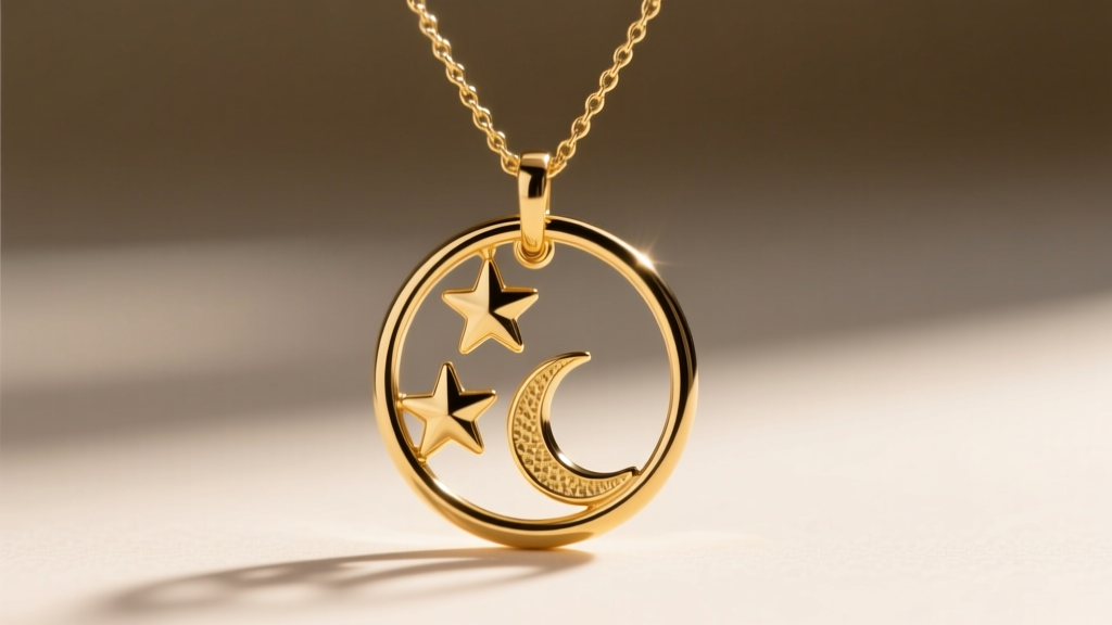 Close-up of a 14k gold-filled circle pendant necklace with three small dangling star and moon charms on a delicate 1mm cable chain.