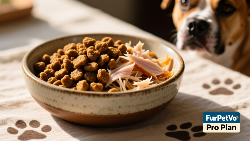 Close-up of FurPetVo Pro Plan kibble and shreds in a ceramic bowl, highlighting texture variety