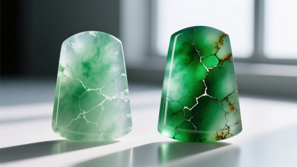Macro comparison of natural untreated jadeite and dyed Grade C jade, showing artificial color concentration in surface cracks.
