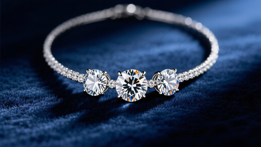 Three-stone diamond necklace on dark velvet, highlighting platinum prongs and brilliant cut facets under soft studio lighting.