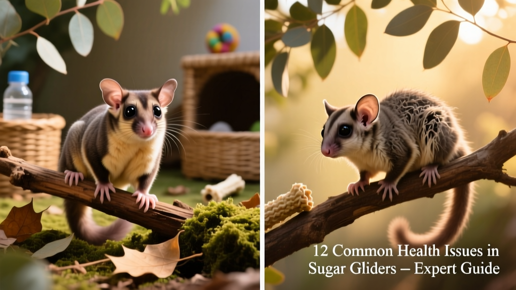 Side-by-side comparison: healthy sugar glider with shiny coat and alert posture vs. one showing signs of illness (dull fur, hunched posture)