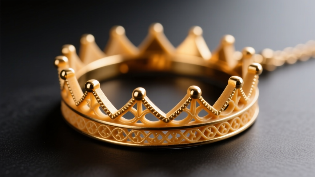 Macro photography of a 3D-printed wax model for a gold crown necklace, showing the sprue and intricate base band details.