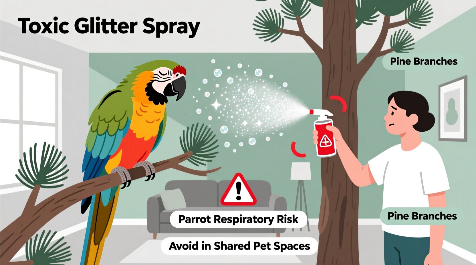 is using glitter spray on real pine branches toxic to parrots in shared living spaces