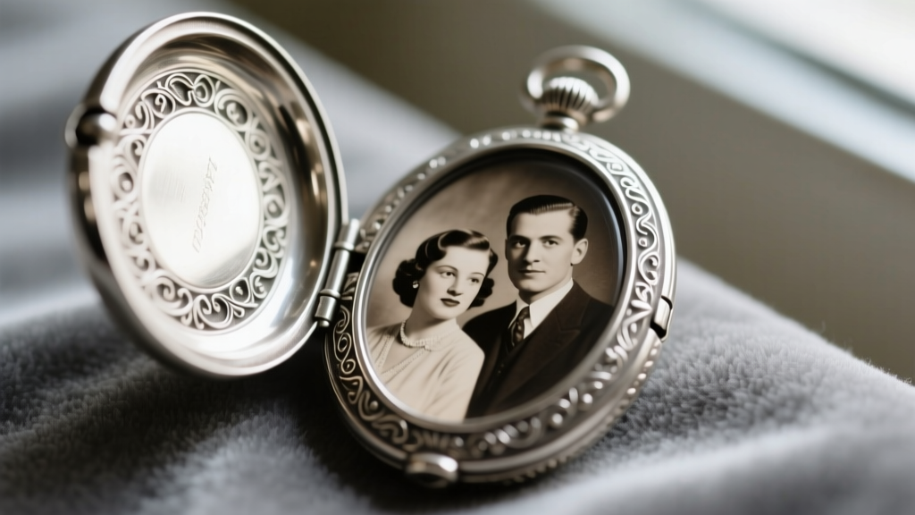 Macro shot of an open sterling silver oval locket revealing a black-and-white portrait on a soft grey jeweler's polishing cloth.
