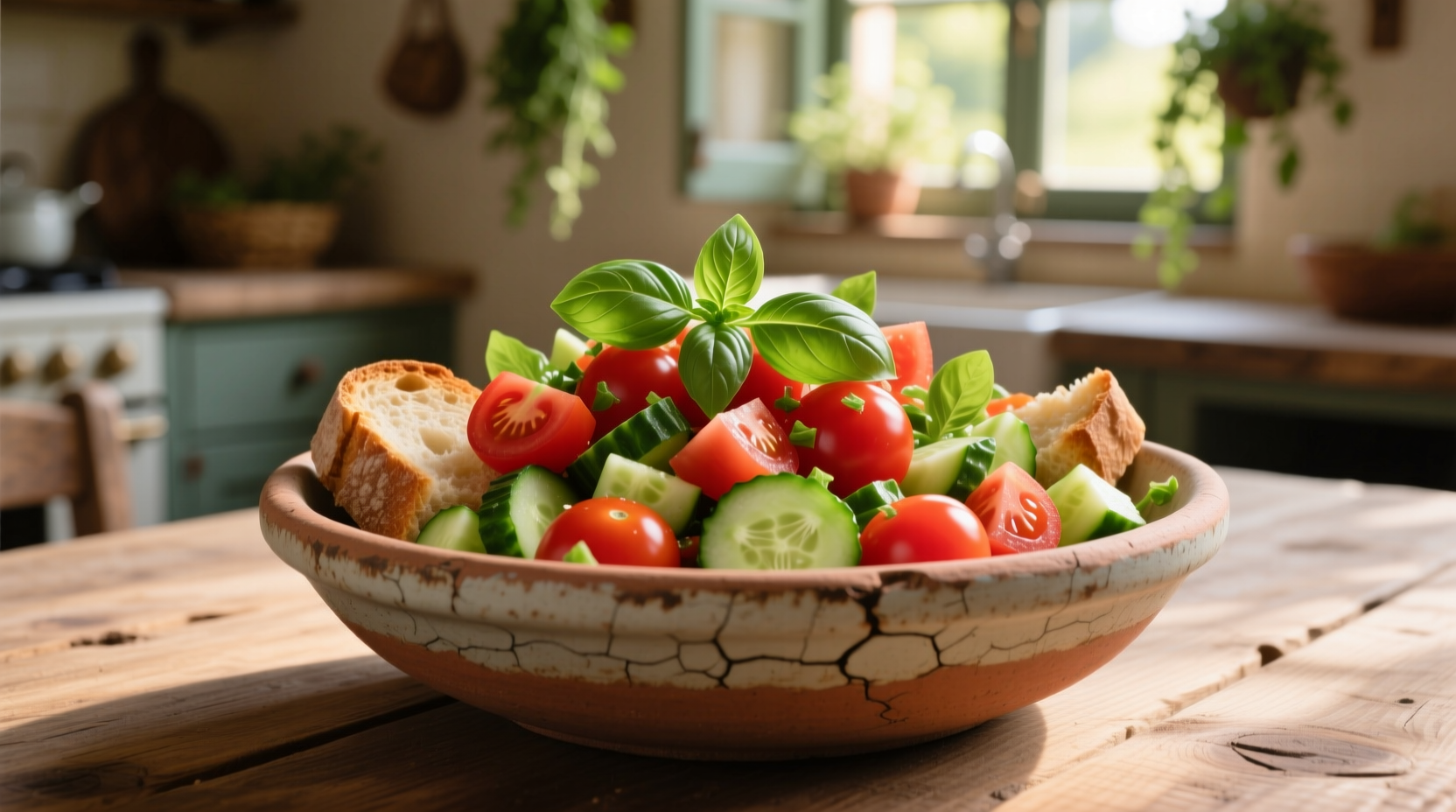 Fresh tomato bread salad in rustic bowl with basil garnish