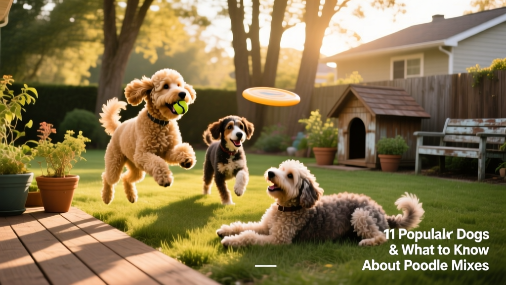 A joyful group of diverse Doodle dogs—Goldendoodle, Cavapoo, and Bernedoodle—playing together in a sunlit backyard