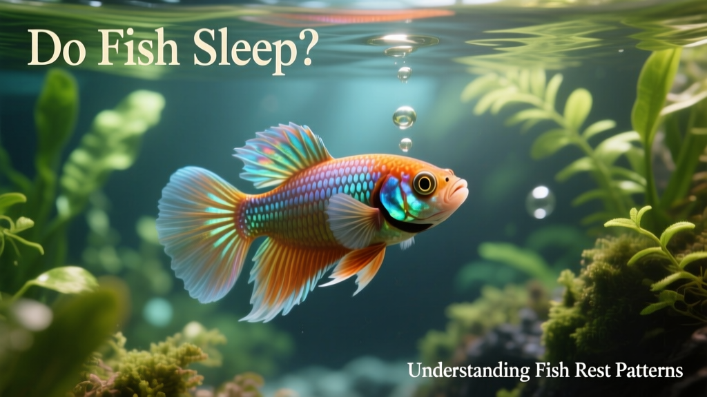 Close-up of a betta fish resting near aquarium plants, eyes open but body still