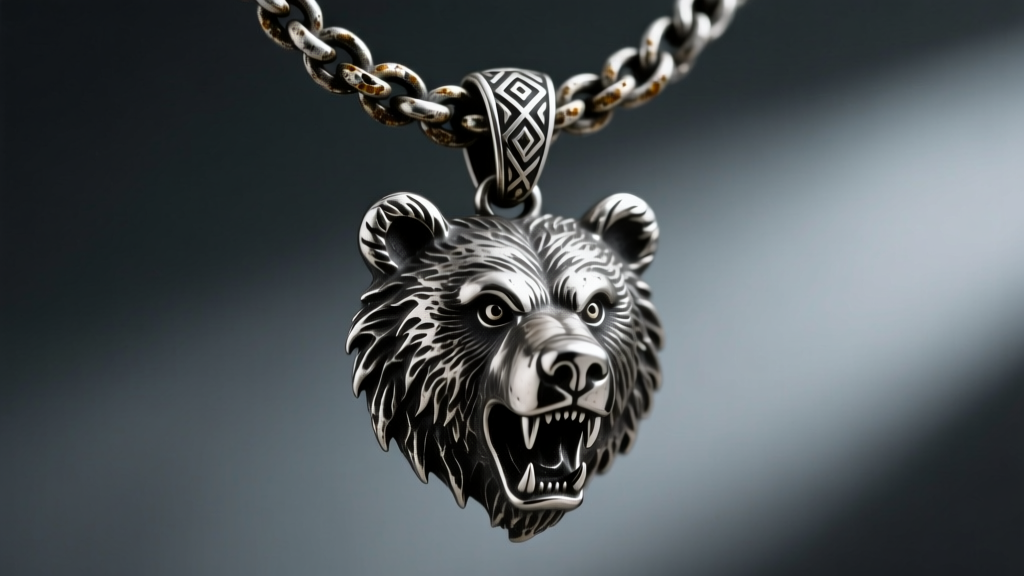 Close-up of heavy oxidized sterling silver berserker necklace with snarling bear pendant on a thick Byzantine chain in moody lighting