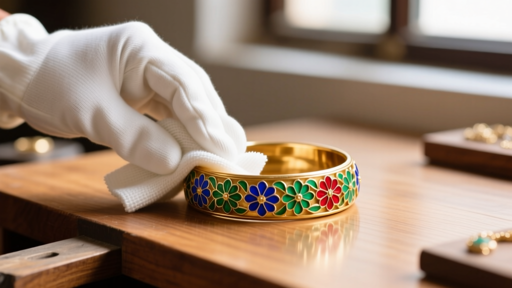 White cotton gloves gently wiping a Meenakari enameled gold bangle with a dry microfiber cloth on a wooden jewelry workbench