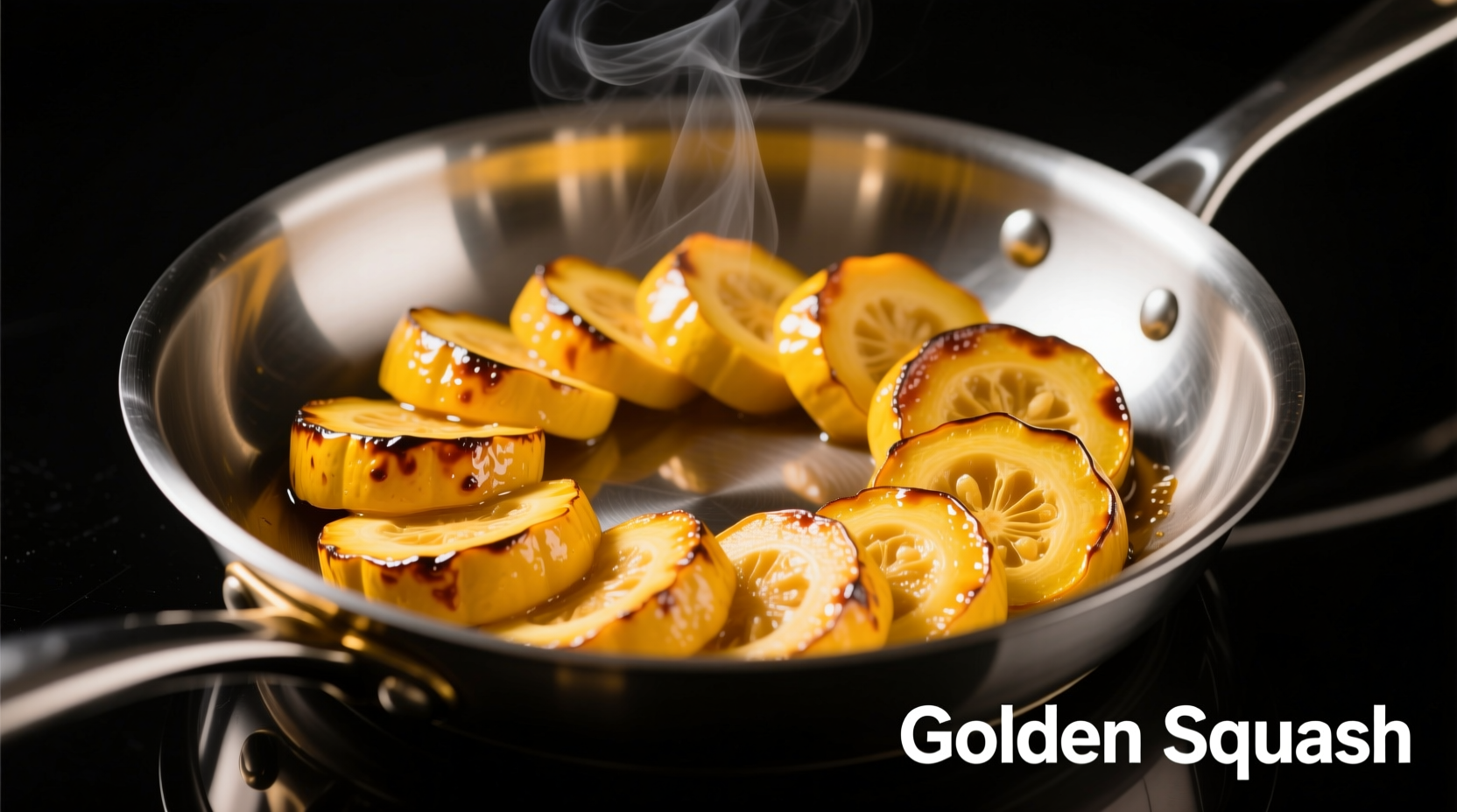 Perfectly caramelized yellow squash in stainless steel skillet