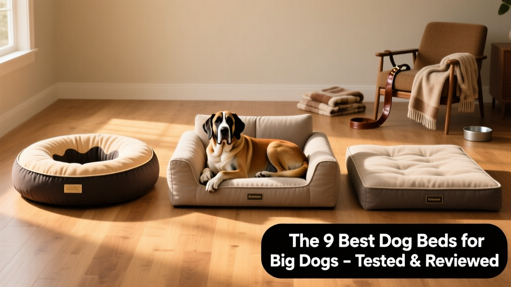 Side-by-side comparison of three large dog beds showing different shapes: donut, couch, and flat lounger styles