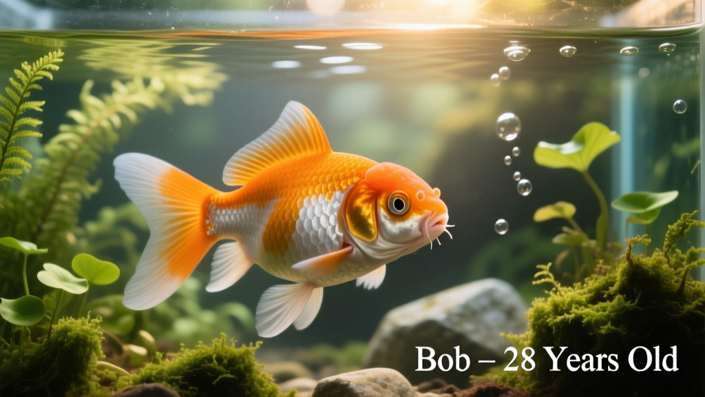 A close-up photo of Bob, an elderly orange-and-white goldfish, swimming calmly in a well-planted, spacious aquarium with clear water