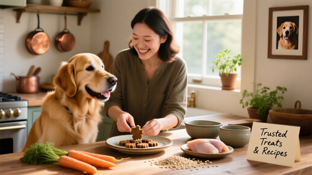 Happy dog sitting beside a person preparing food at a kitchen counter