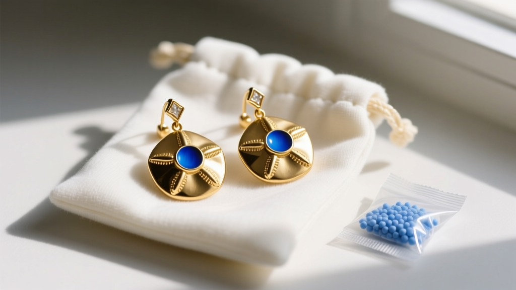 Gold sand dollar earrings with blue enamel inside an anti-tarnish microfiber pouch resting beside a small silica gel packet.