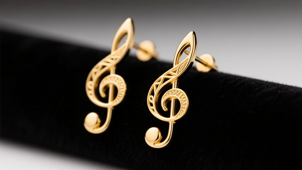 Close-up macro shot of 14k yellow gold eighth note earrings resting on black velvet, highlighting intricate stem and flag details.